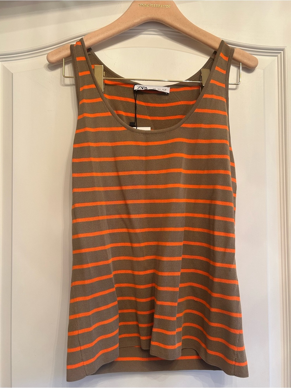 Zara Women’s Olive Green & Orange Striped Tank Top size large